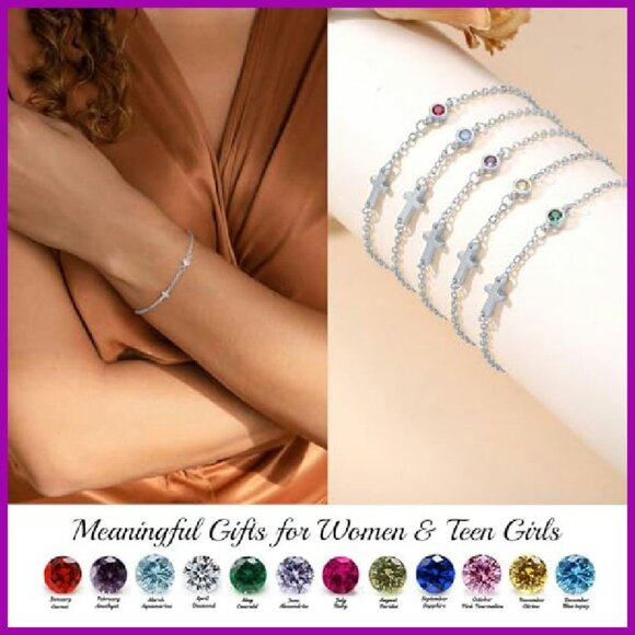 Dainty Gold Cross Bracelet with Birthstone, 6.5" Adjustable Chain - Picture 4 of 8